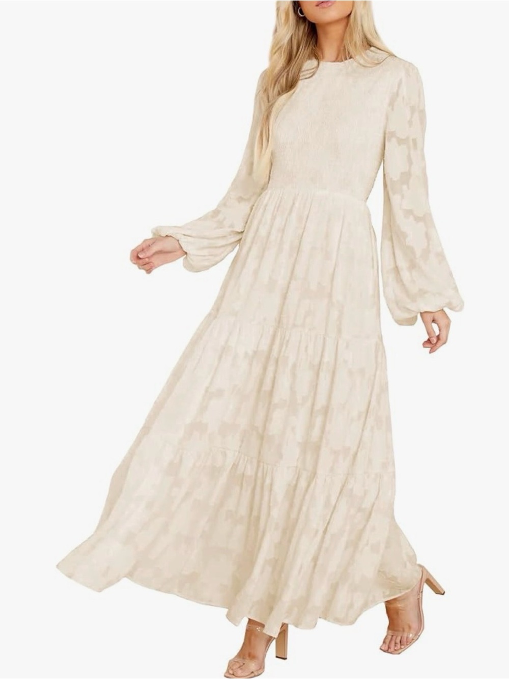 Women's Cream Tiered Maxi Dress with Bishop Sleeves